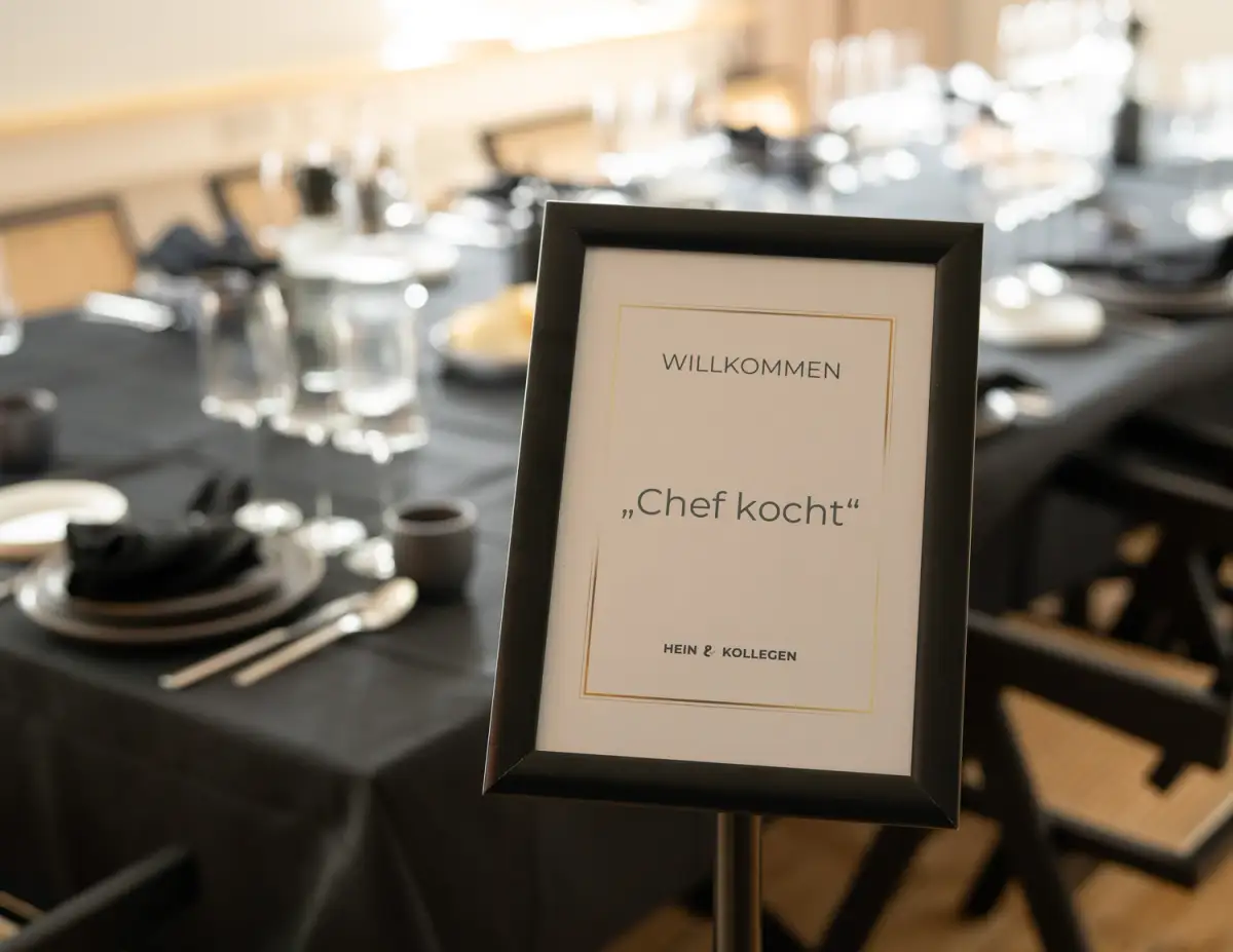 Tischschild „Chef kocht" auf festlich gedeckter Tafel im UnternehmerQuartier